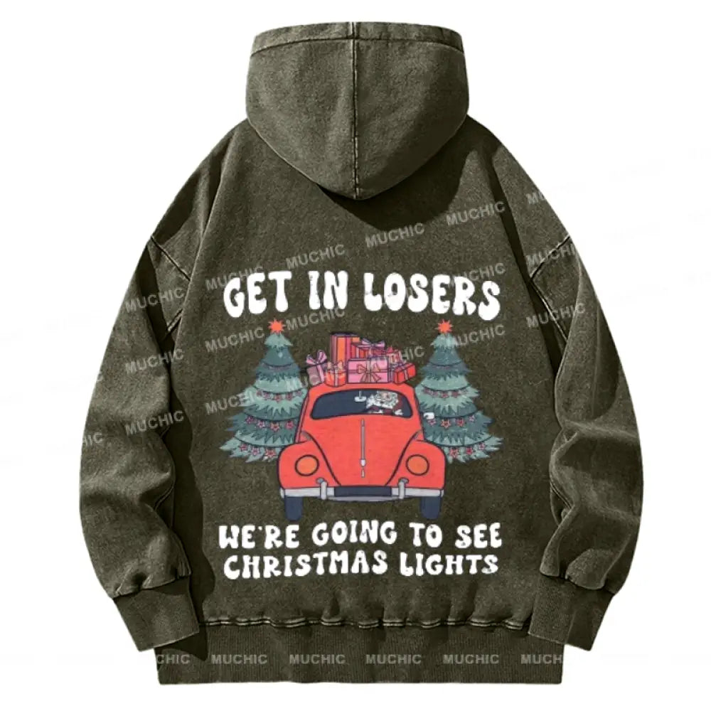 Muchic Get In Losers Back Printed Unisex Casual Washed Plush Thickening Hoodie Sweatshirt Olive / M