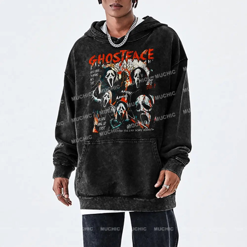 Ghostface Unisex Printed Casual Washed Hoodie Sweatshirt