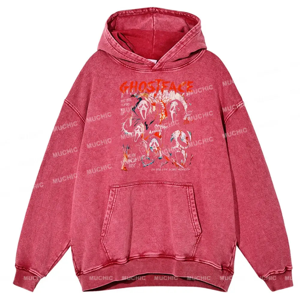 Ghostface Unisex Printed Casual Washed Hoodie Sweatshirt Hotpink / M