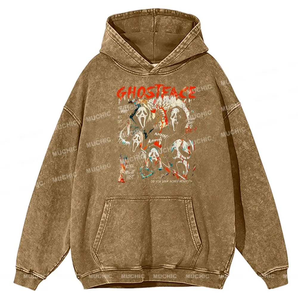 Ghostface Unisex Printed Casual Washed Hoodie Sweatshirt Khaki / M