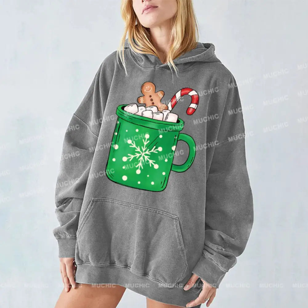 Muchic Gingerbread Coffee Unisex Printed Casual Washed Plush Thickening Hoodie Sweatshirt