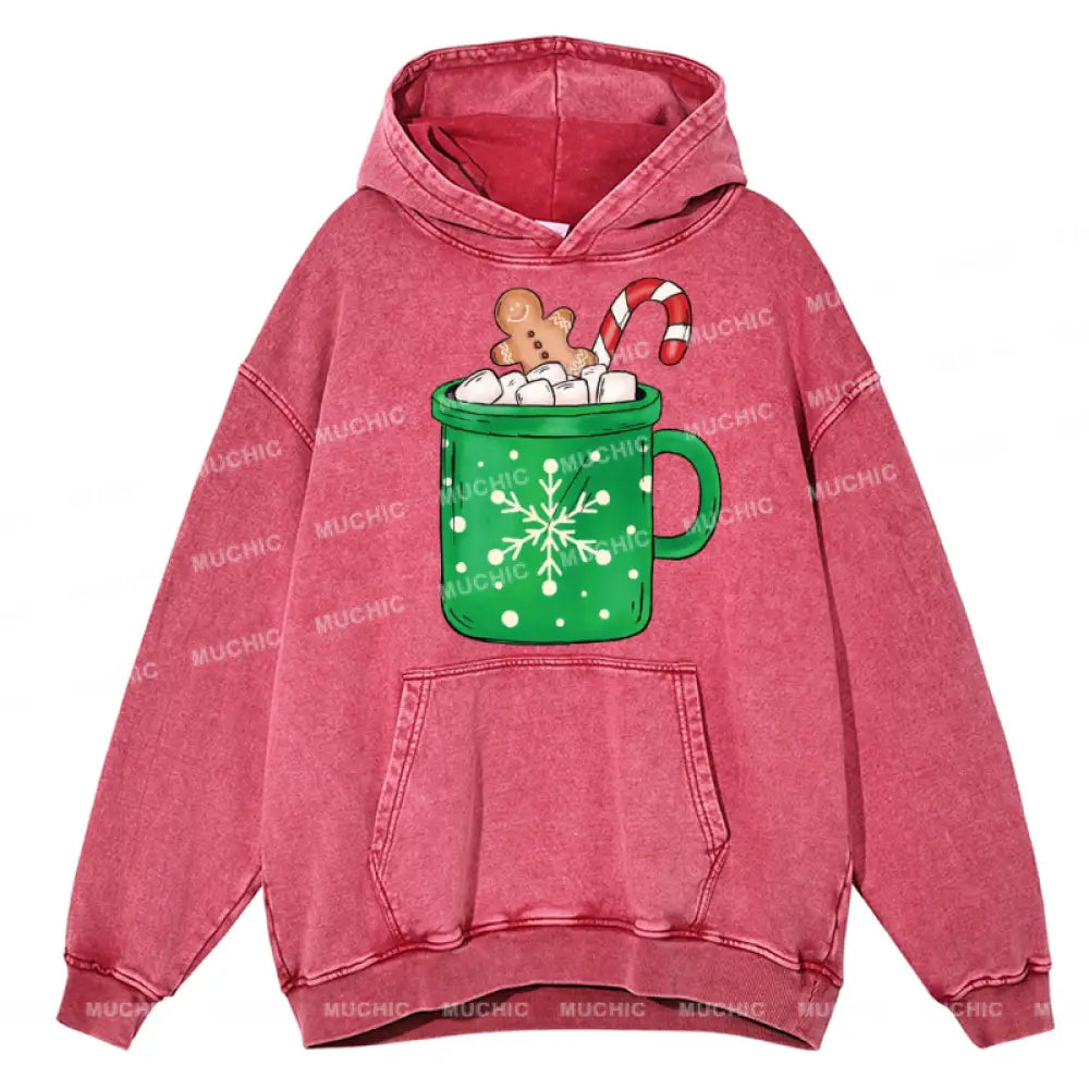 Muchic Gingerbread Coffee Unisex Printed Casual Washed Plush Thickening Hoodie Sweatshirt Hotpink /