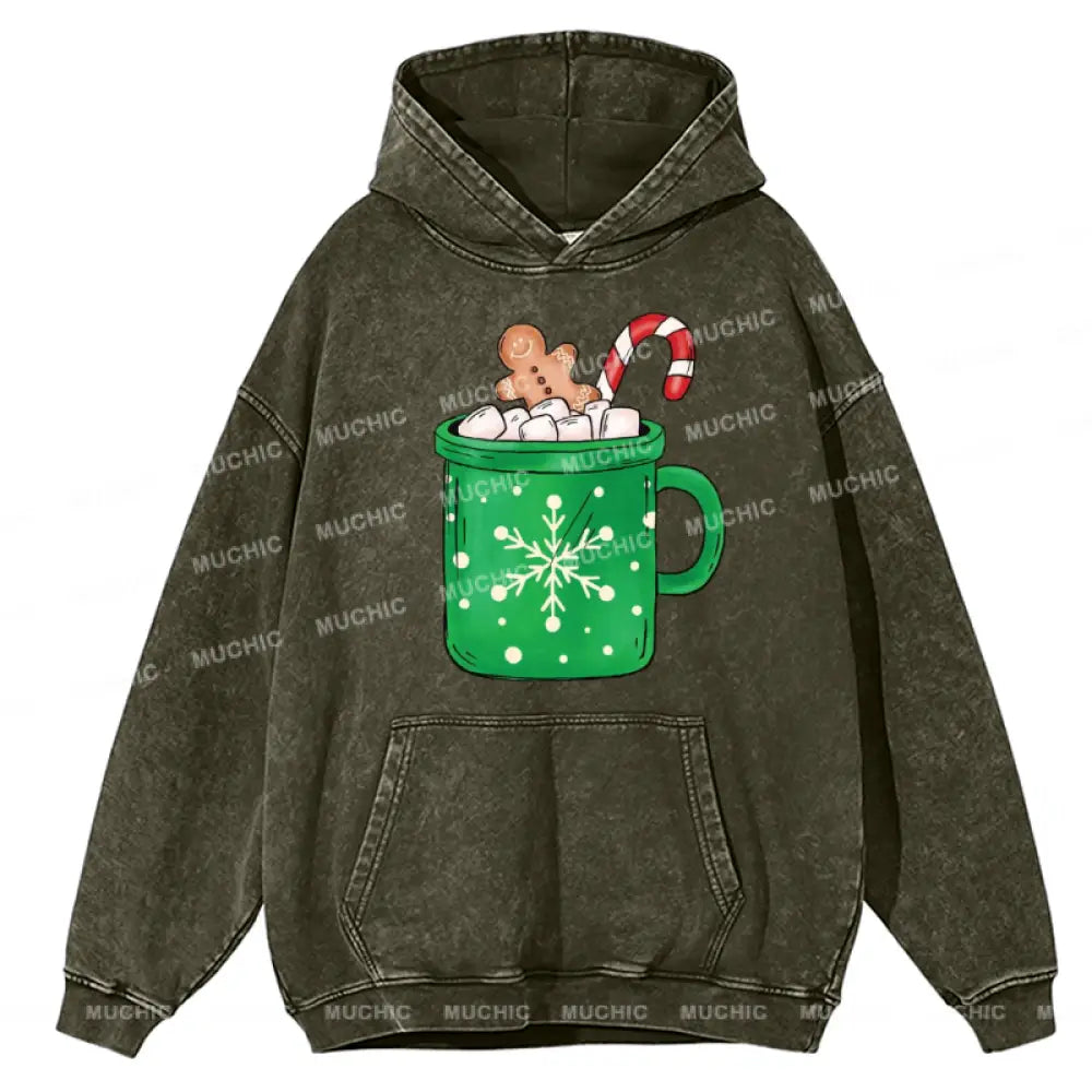 Muchic Gingerbread Coffee Unisex Printed Casual Washed Plush Thickening Hoodie Sweatshirt Olive / M