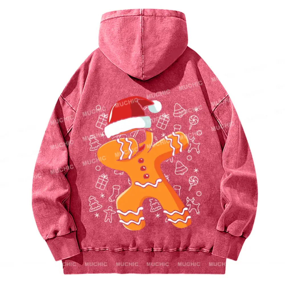 Muchic Gingerbread Man Back Printed Unisex Casual Washed Hoodie Sweatshirt Hotpink / M