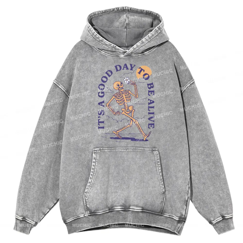 Good Day Unisex Printed Casual Washed Hoodie Sweatshirt Grey / M