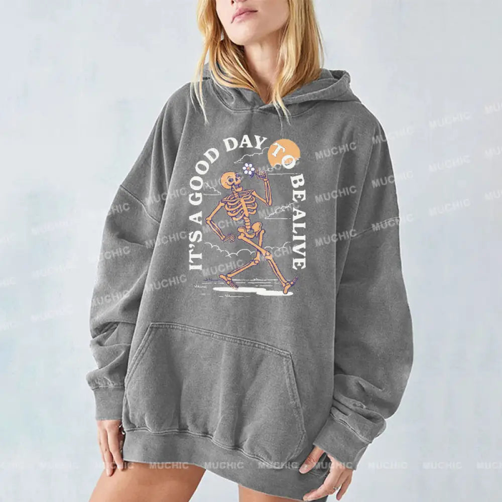 Good Day Unisex Printed Casual Washed Hoodie Sweatshirt