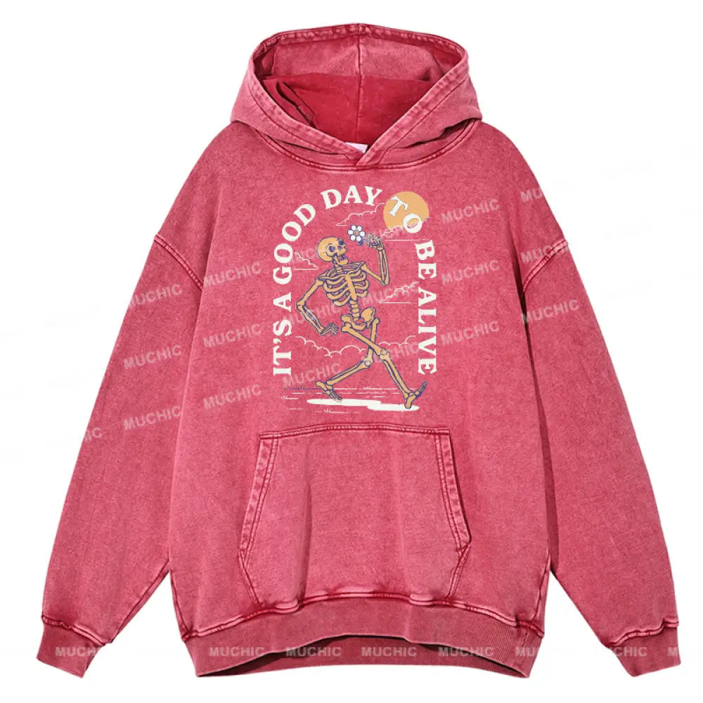 Good Day Unisex Printed Casual Washed Hoodie Sweatshirt Hotpink / M