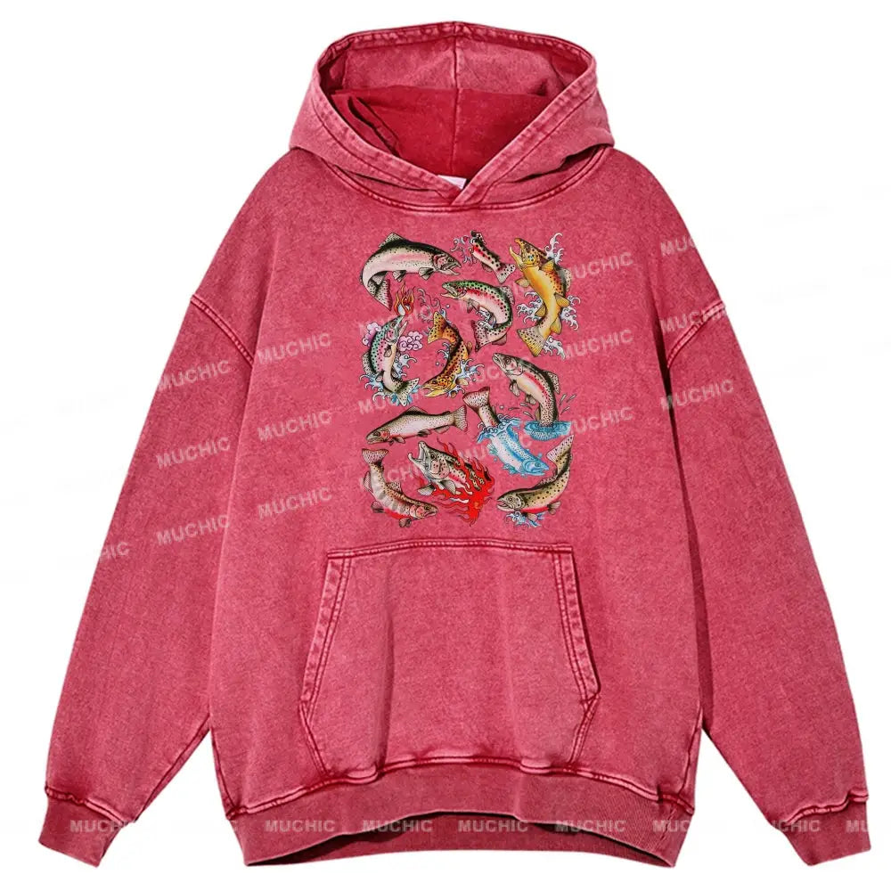 Good Luck Fish Unisex Printed Casual Washed Hoodie Sweatshirt Hotpink / M