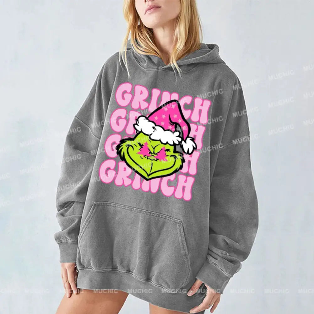 Muchic Grinch Unisex Printed Casual Washed Plush Thickening Hoodie Sweatshirt