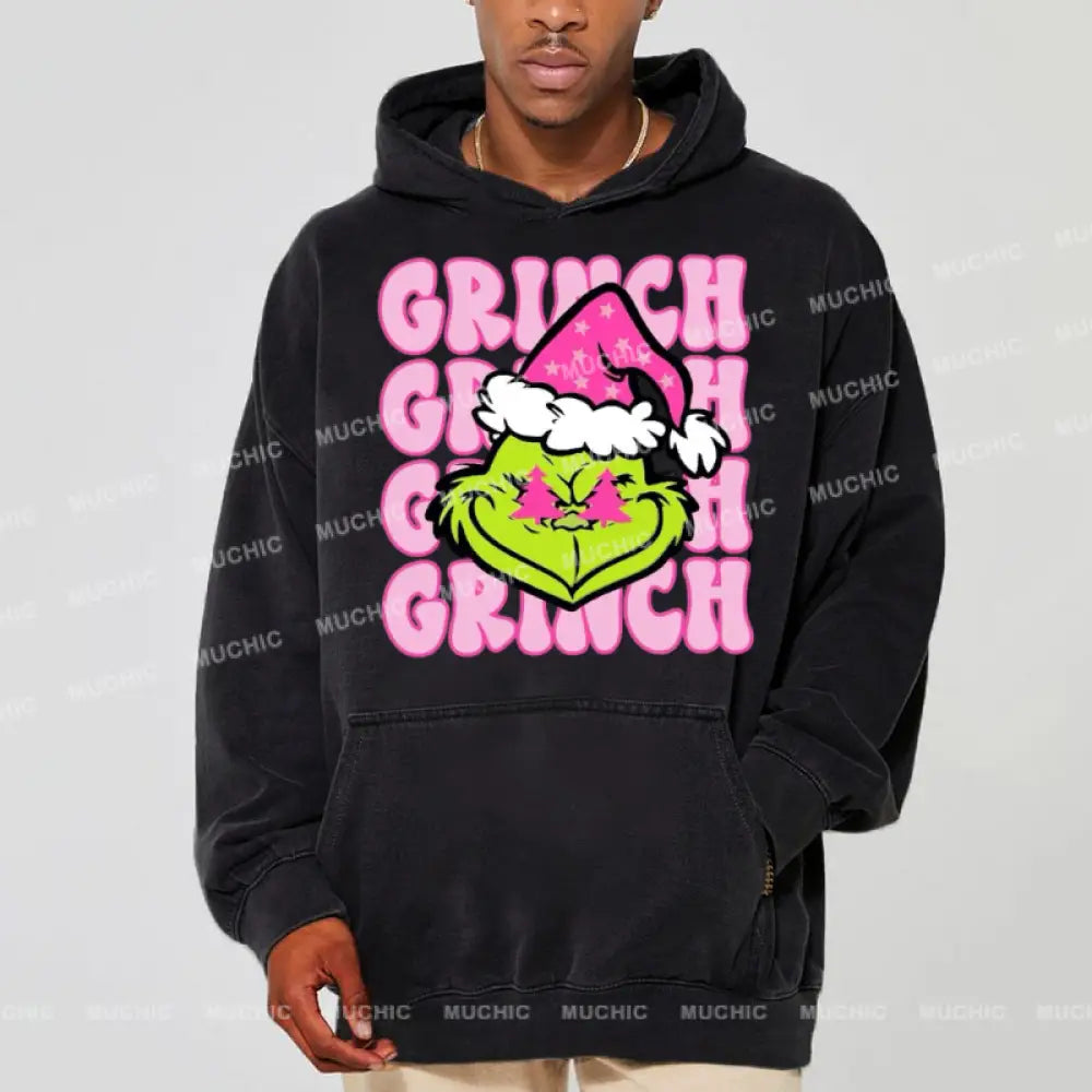 Muchic Grinch Unisex Printed Casual Washed Plush Thickening Hoodie Sweatshirt