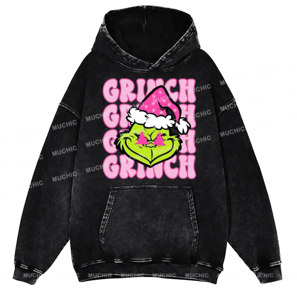 Muchic Grinch Unisex Printed Casual Washed Plush Thickening Hoodie Sweatshirt Black / M