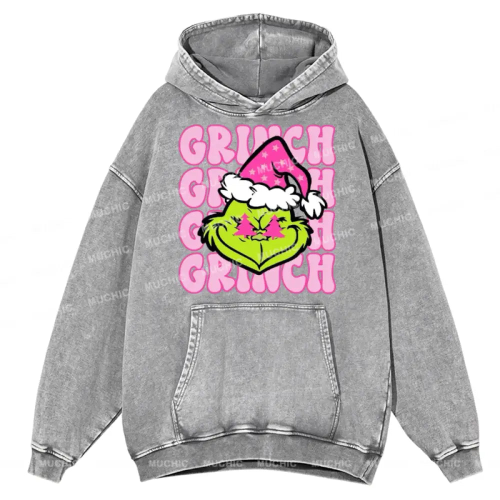 Muchic Grinch Unisex Printed Casual Washed Plush Thickening Hoodie Sweatshirt Grey / M