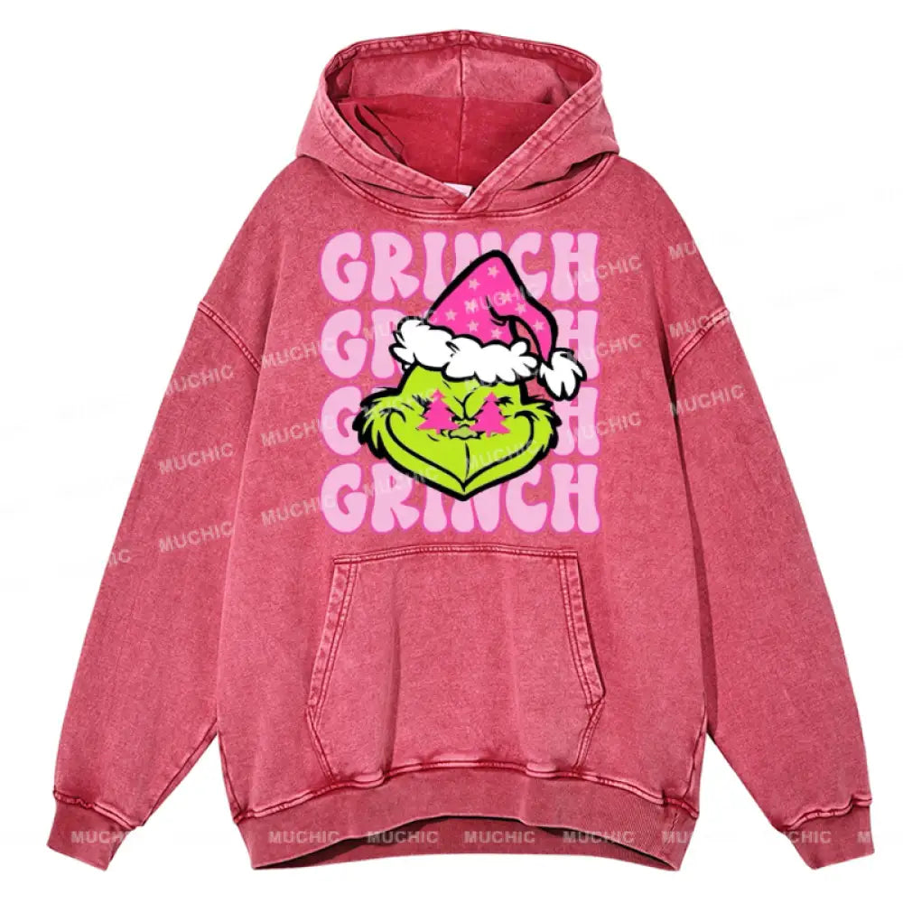 Muchic Grinch Unisex Printed Casual Washed Plush Thickening Hoodie Sweatshirt Hotpink / M