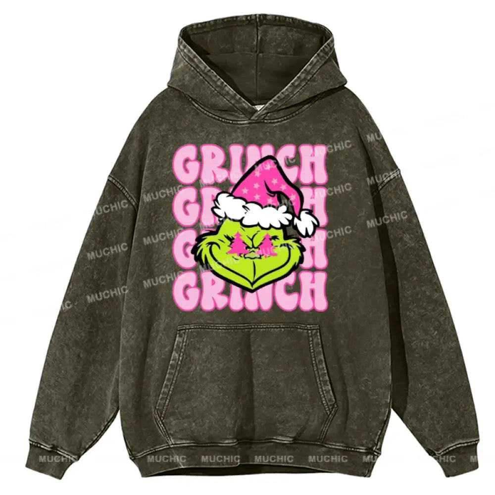 Muchic Grinch Unisex Printed Casual Washed Plush Thickening Hoodie Sweatshirt Olive / M