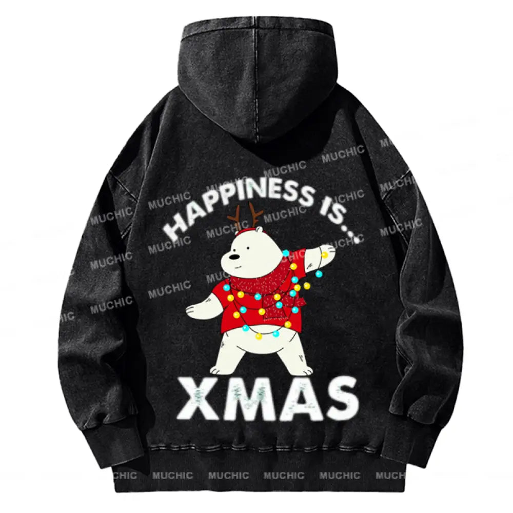 Muchic Happiness Is Xmas Back Printed Unisex Casual Washed Plush Thickening Hoodie Sweatshirt Black