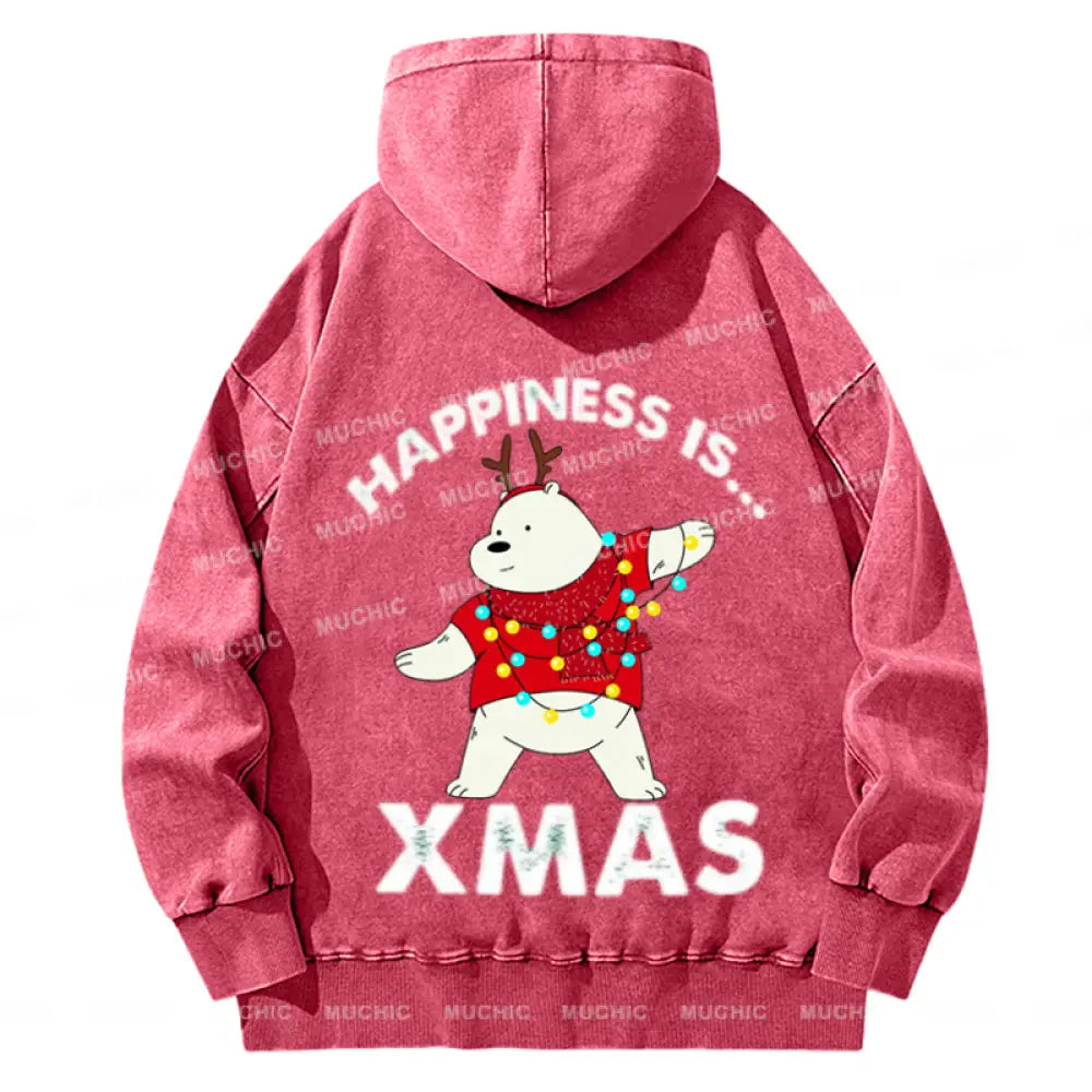 Muchic Happiness Is Xmas Back Printed Unisex Casual Washed Plush Thickening Hoodie Sweatshirt