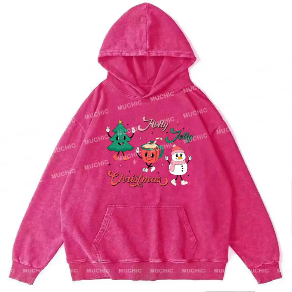 Muchic Holly Unisex Printed Casual Washed Plush Thickening Hoodie Sweatshirt Hotpink / M