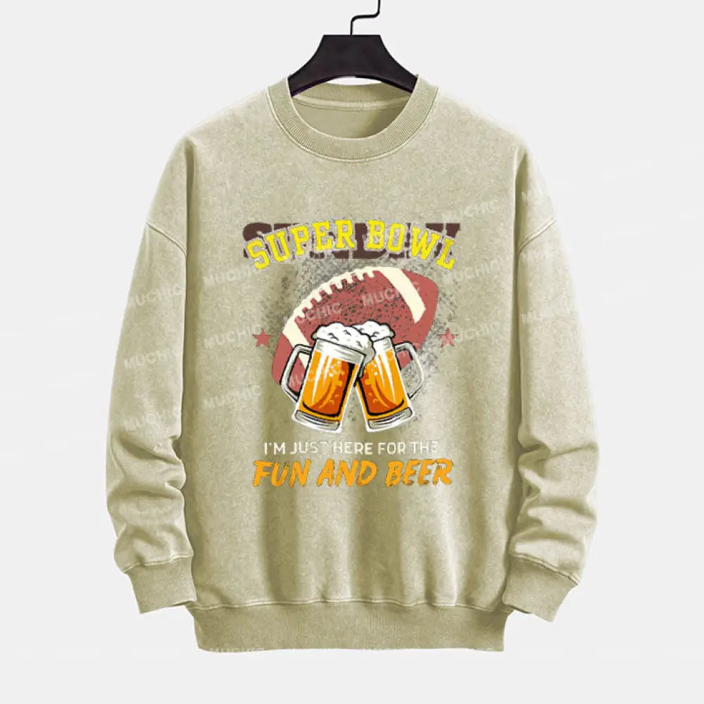 Muchic I’m Just Here For The Fun And Beer Superbowl Crewneck Sweatshirt Khaki / S