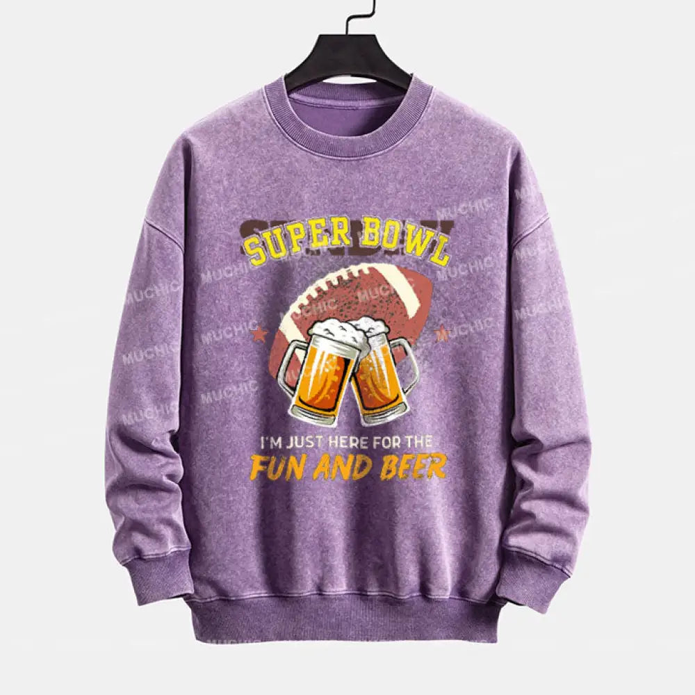 Muchic I’m Just Here For The Fun And Beer Superbowl Crewneck Sweatshirt Purple / S