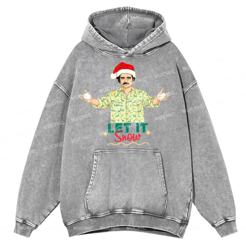 Muchic Let It Snow Unisex Printed Casual Washed Plush Thickening Hoodie Sweatshirt Grey / M