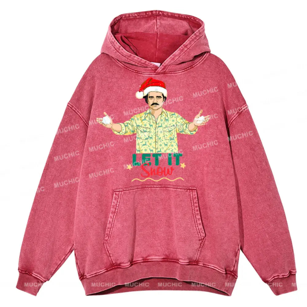 Muchic Let It Snow Unisex Printed Casual Washed Plush Thickening Hoodie Sweatshirt Hotpink / M