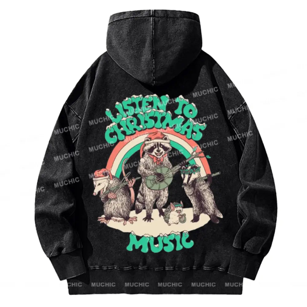 Muchic Listen To Christmas Back Printed Unisex Casual Washed Plush Thickening Hoodie Sweatshirt