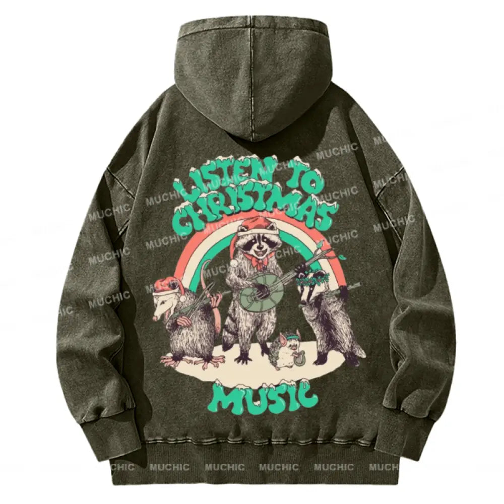 Muchic Listen To Christmas Back Printed Unisex Casual Washed Plush Thickening Hoodie Sweatshirt