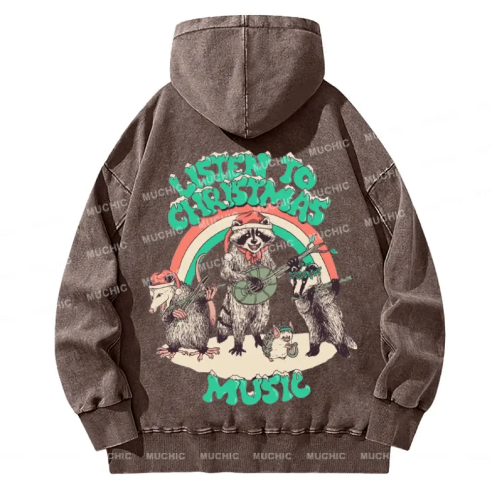 Muchic Listen To Christmas Back Printed Unisex Casual Washed Plush Thickening Hoodie Sweatshirt