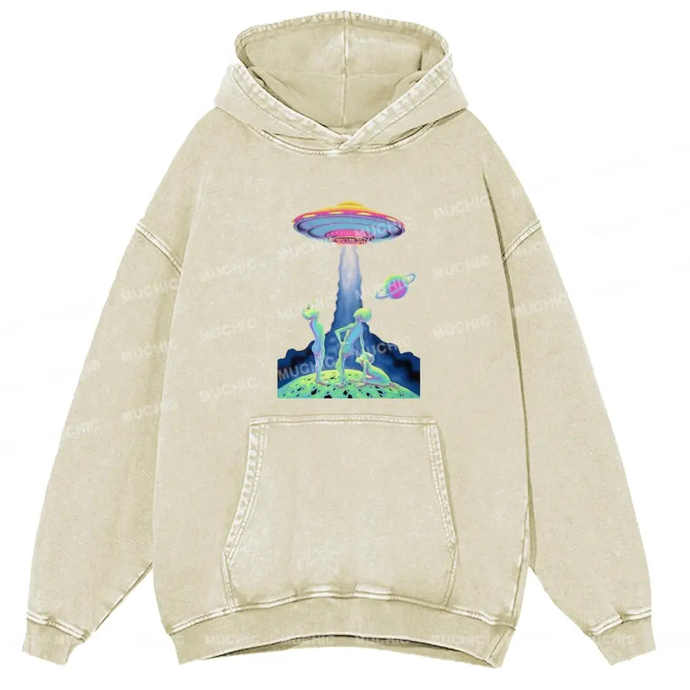 Magic Alien Unisex Printed Casual Washed Hoodie Sweatshirt Beige / M