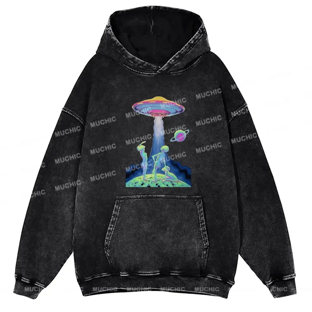 Magic Alien Unisex Printed Casual Washed Hoodie Sweatshirt Black / M