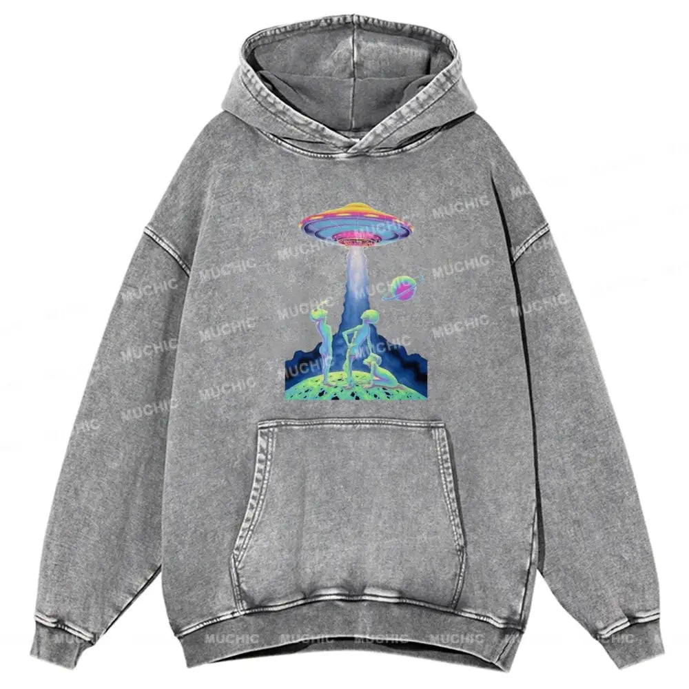 Magic Alien Unisex Printed Casual Washed Hoodie Sweatshirt Grey / M