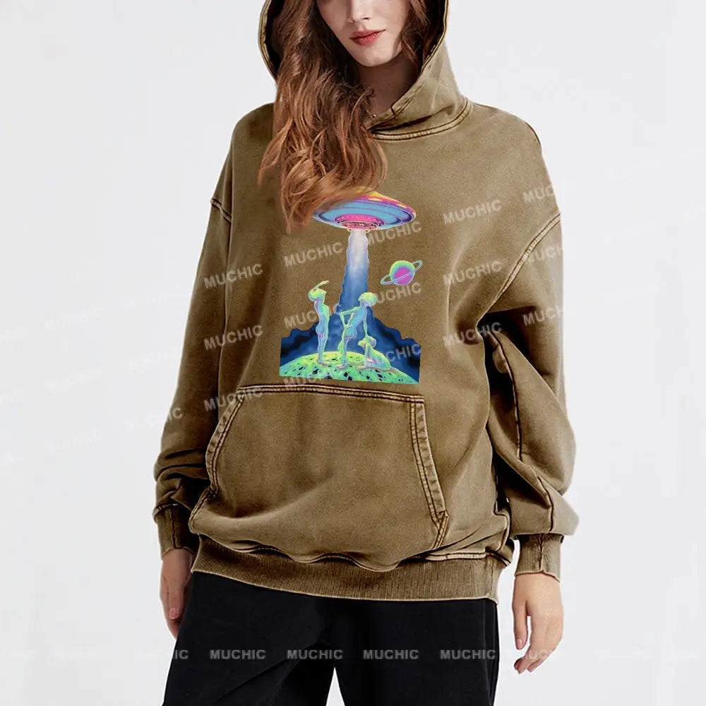 Magic Alien Unisex Printed Casual Washed Hoodie Sweatshirt