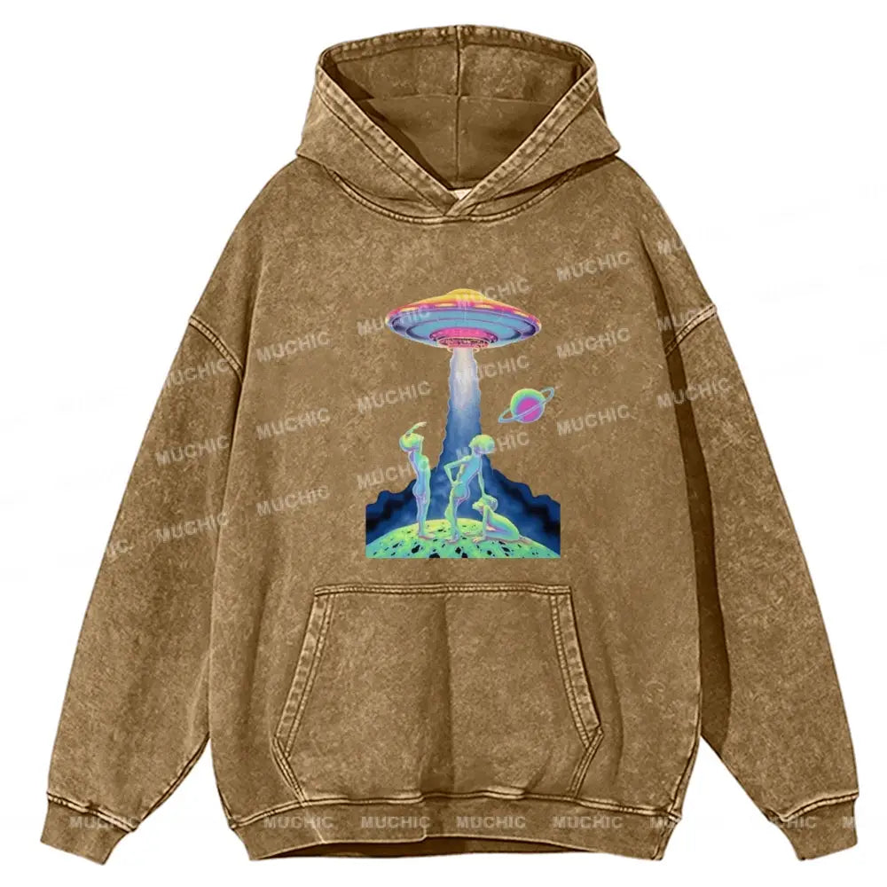 Magic Alien Unisex Printed Casual Washed Hoodie Sweatshirt Khaki / M