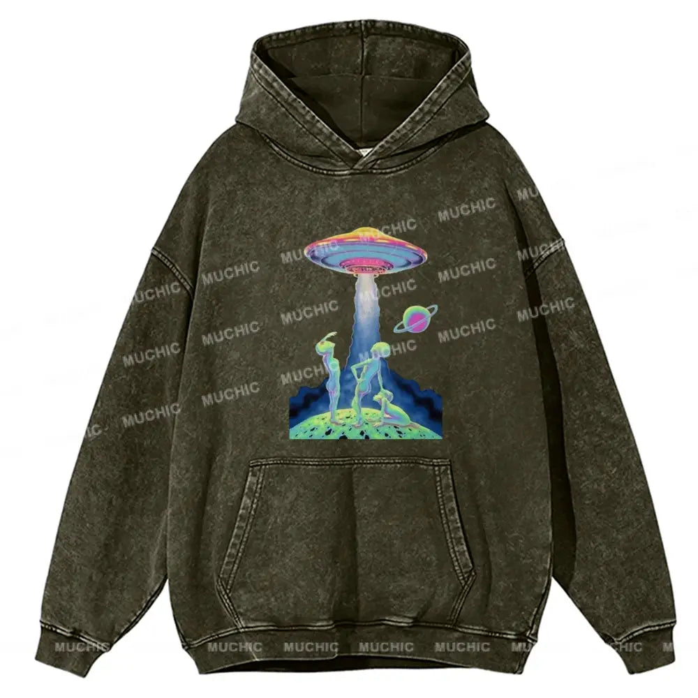 Magic Alien Unisex Printed Casual Washed Hoodie Sweatshirt Olive / M