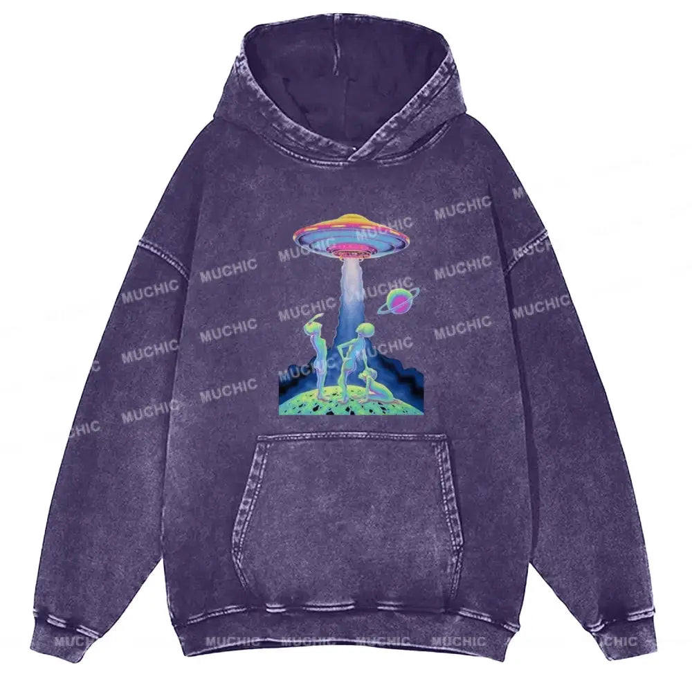 Magic Alien Unisex Printed Casual Washed Hoodie Sweatshirt Purple / M