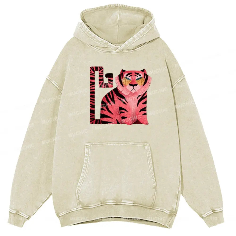 Melancholy Tiger Unisex Printed Casual Washed Hoodie Sweatshirt Beige / M