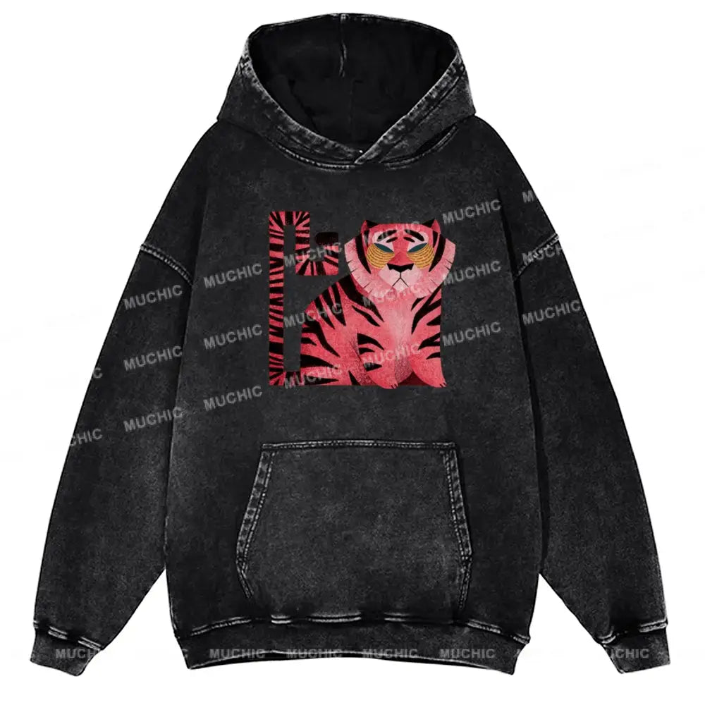 Melancholy Tiger Unisex Printed Casual Washed Hoodie Sweatshirt Black / M