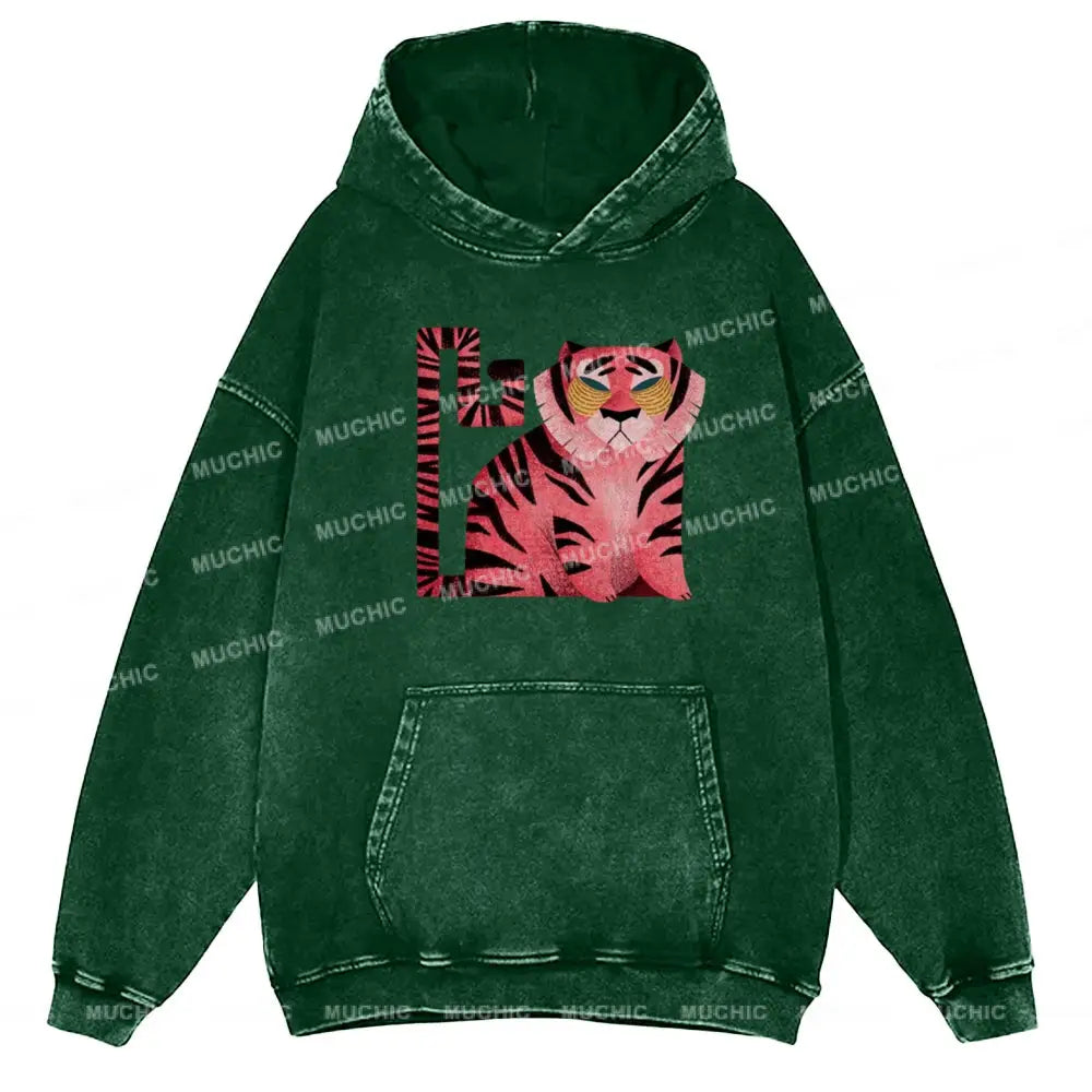 Melancholy Tiger Unisex Printed Casual Washed Hoodie Sweatshirt Green / M