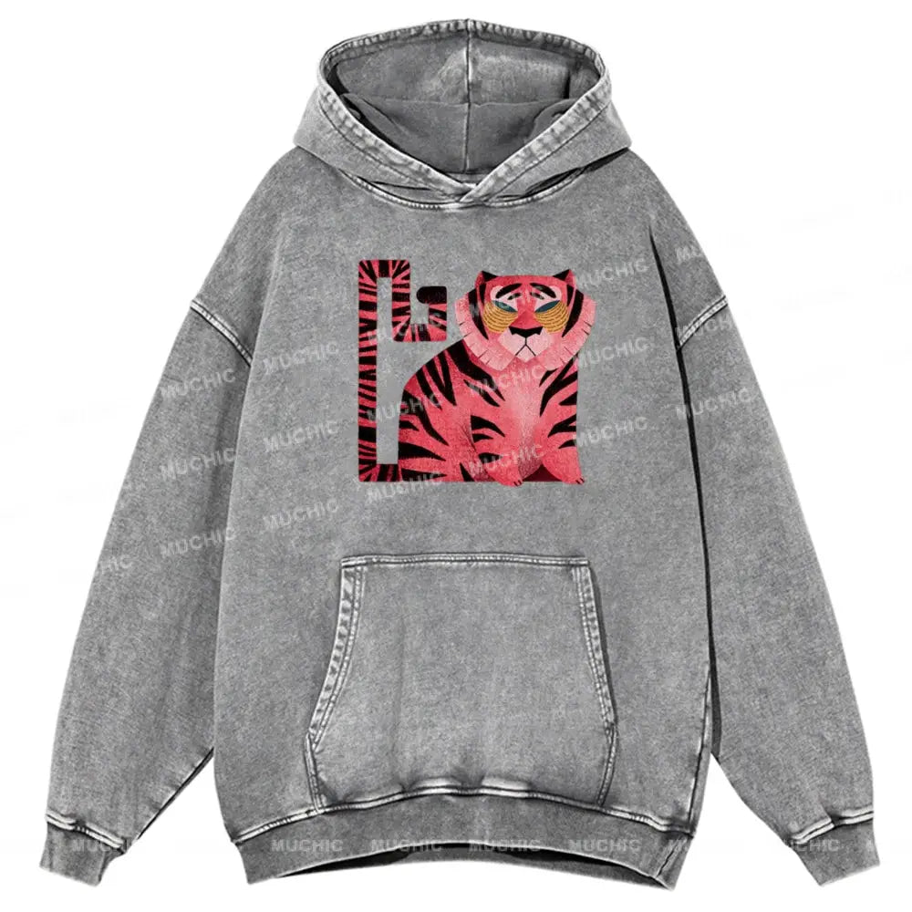 Melancholy Tiger Unisex Printed Casual Washed Hoodie Sweatshirt Grey / M