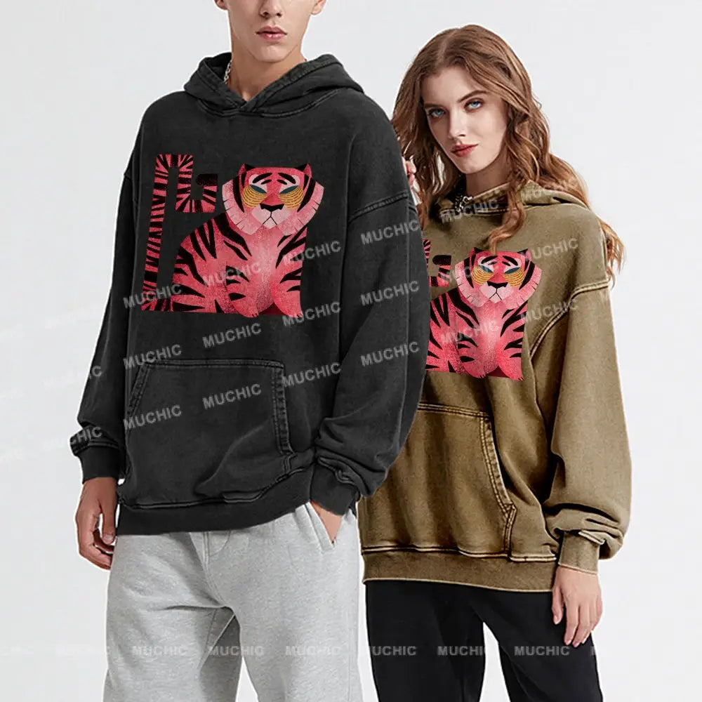 Melancholy Tiger Unisex Printed Casual Washed Hoodie Sweatshirt