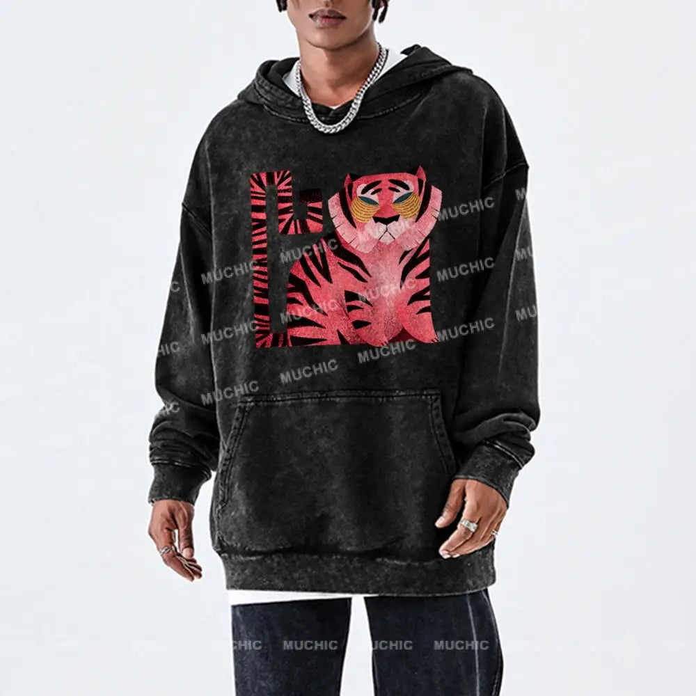 Melancholy Tiger Unisex Printed Casual Washed Hoodie Sweatshirt