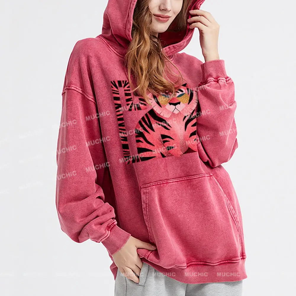 Melancholy Tiger Unisex Printed Casual Washed Hoodie Sweatshirt