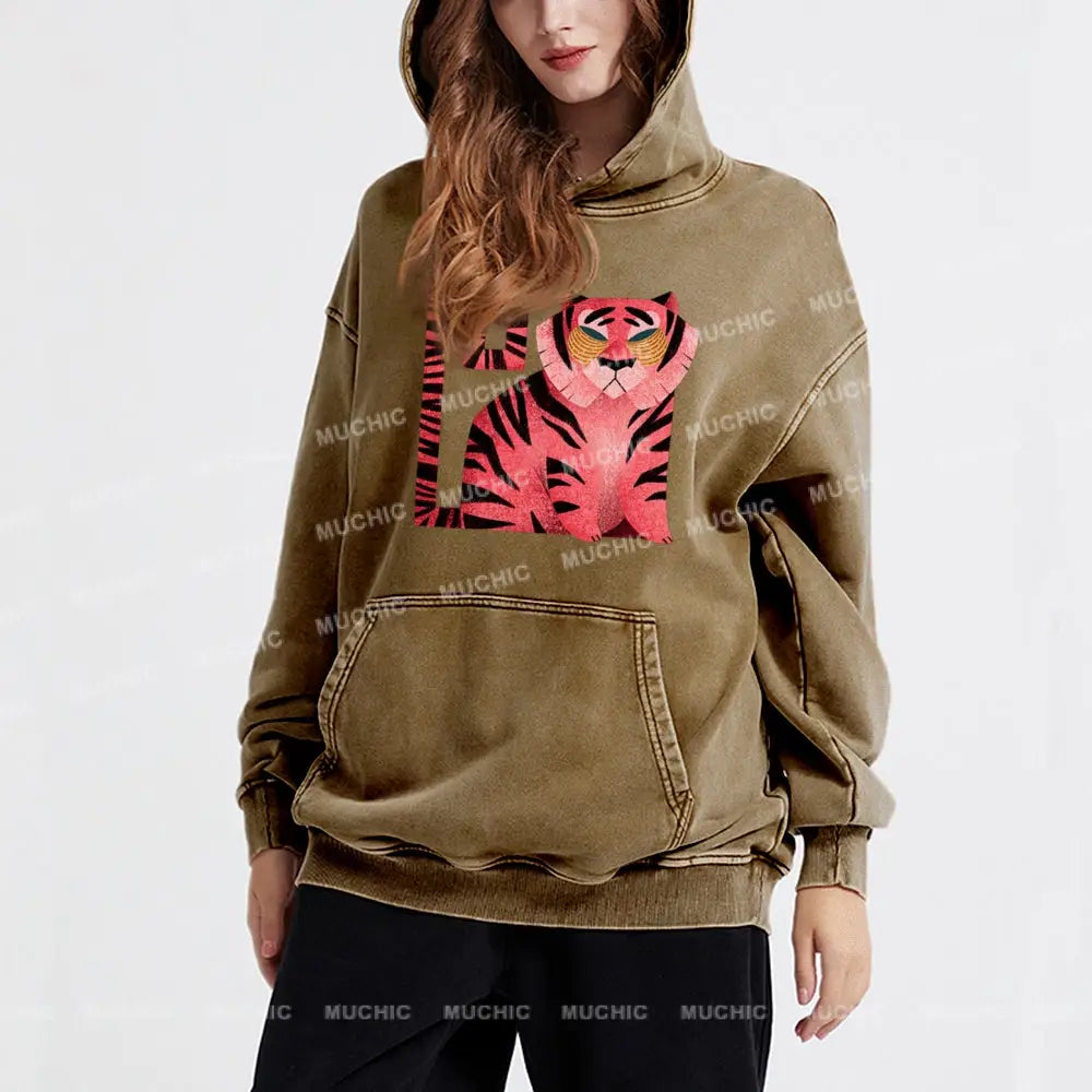 Melancholy Tiger Unisex Printed Casual Washed Hoodie Sweatshirt