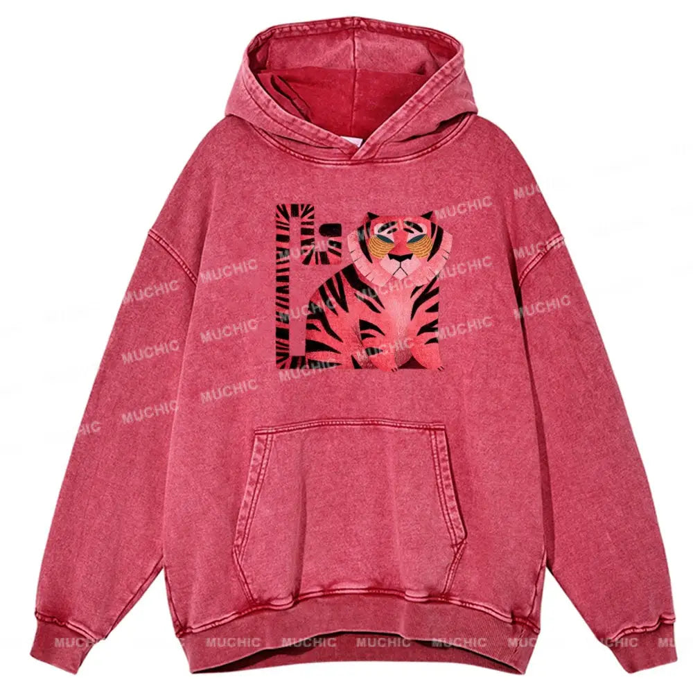 Melancholy Tiger Unisex Printed Casual Washed Hoodie Sweatshirt Hotpink / M