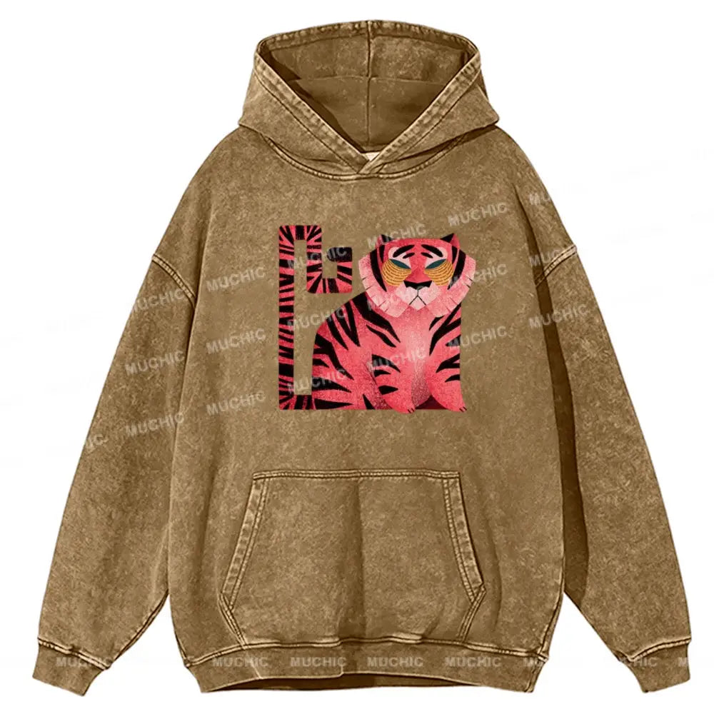 Melancholy Tiger Unisex Printed Casual Washed Hoodie Sweatshirt Khaki / M