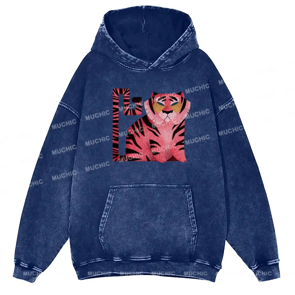 Melancholy Tiger Unisex Printed Casual Washed Hoodie Sweatshirt Navy / M