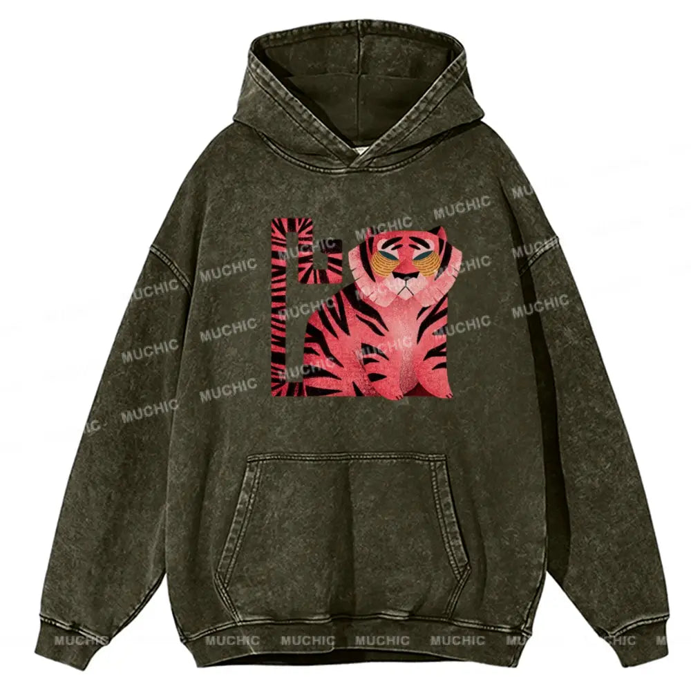 Melancholy Tiger Unisex Printed Casual Washed Hoodie Sweatshirt Olive / M