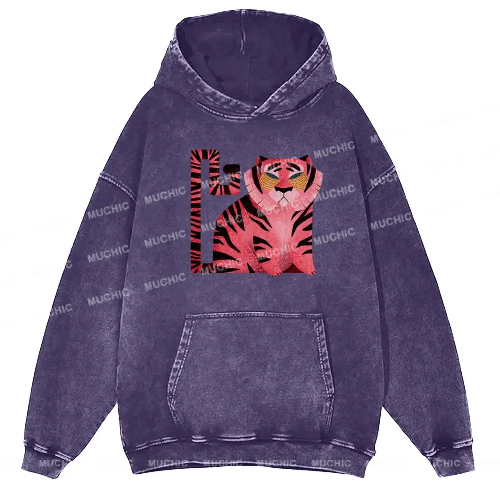 Melancholy Tiger Unisex Printed Casual Washed Hoodie Sweatshirt Purple / M