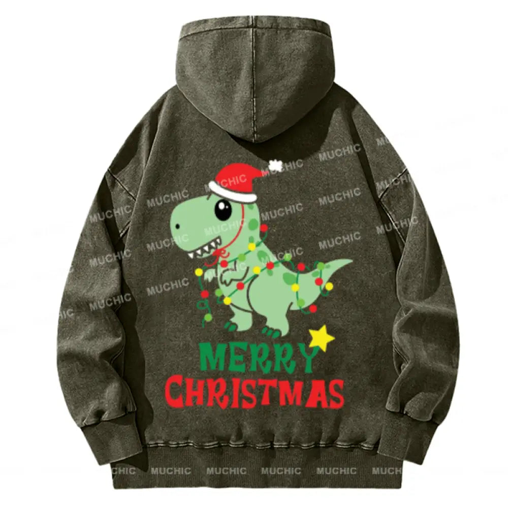 Muchic Merry Christmas Back Printed Unisex Casual Washed Plush Thickening Hoodie Sweatshirt Olive /