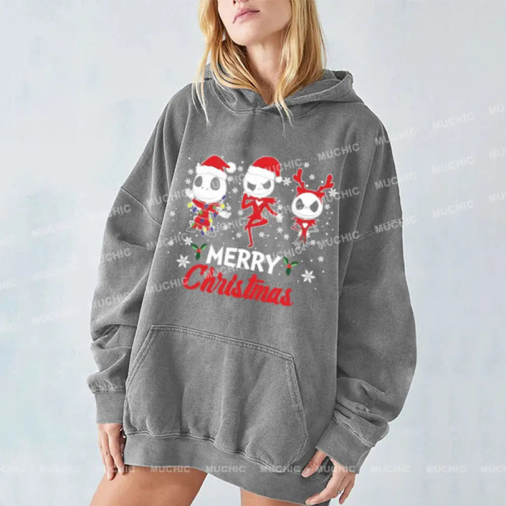 Muchic Merry Christmas Unisex Printed Casual Washed Plush Thickening Hoodie Sweatshirt